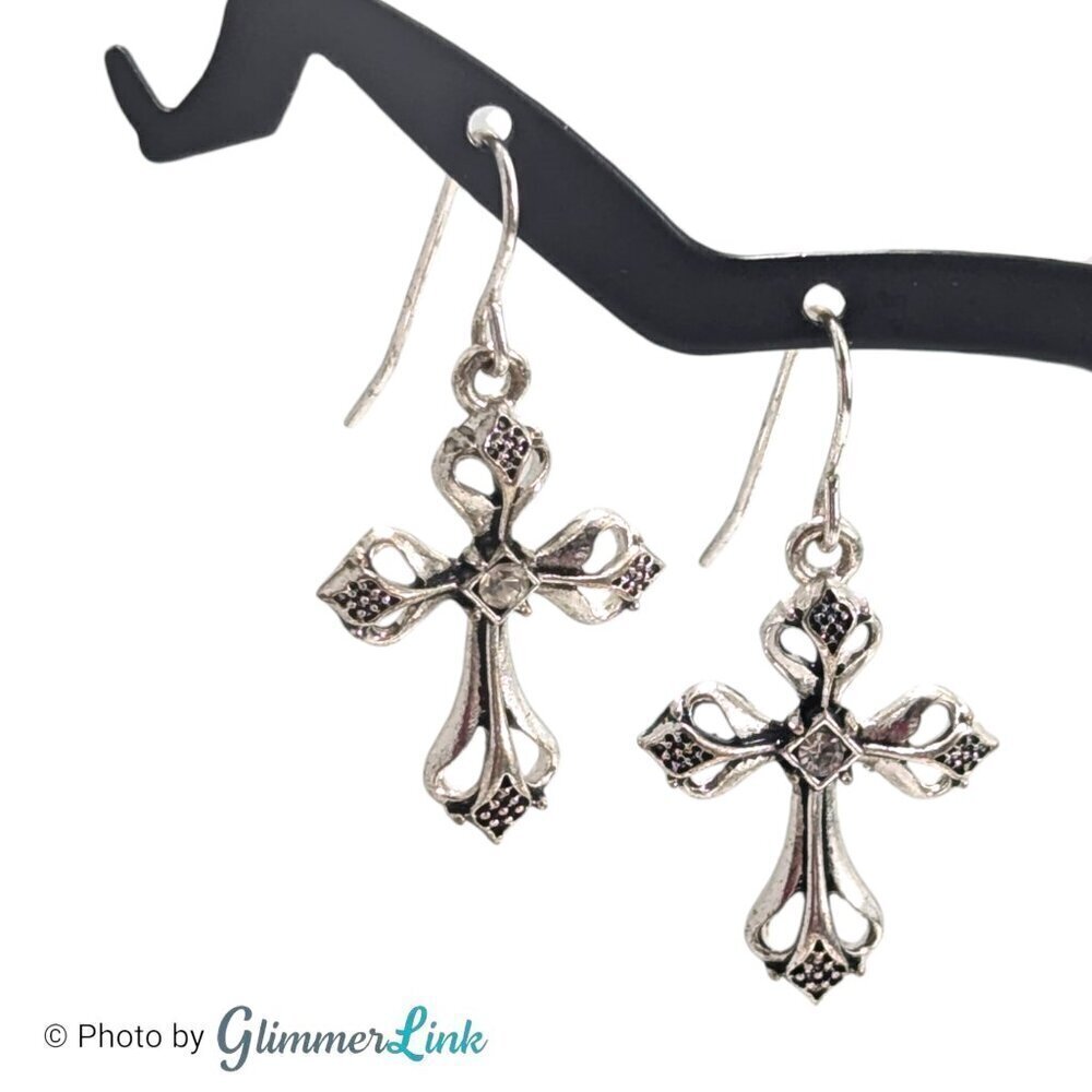 Vintage Style Elegant Ornate Cross Silver Tone Pierced Drop Earrings